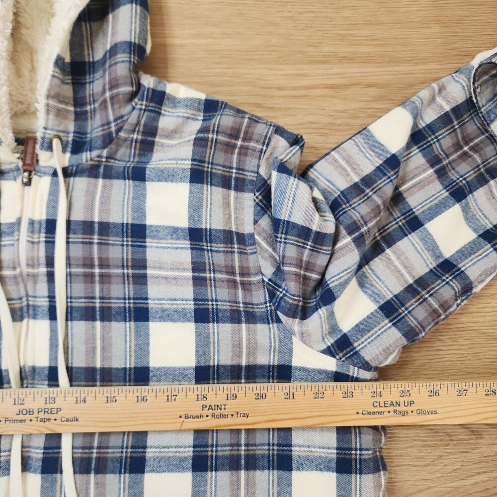 LL Bean Sherpa Lined Flannel Shirt Womens XL Blue Plaid Cozy Warm Jacket Hooded - Picture 5 of 12